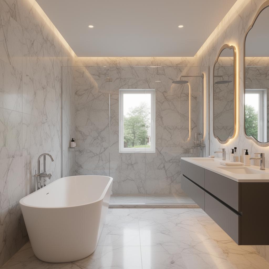 Luxury spa bathroom interior design in Eastover Charlotte NC with freestanding tub Calacatta marble walls frameless glass shower and floating vanity by Emerald and Oak Design