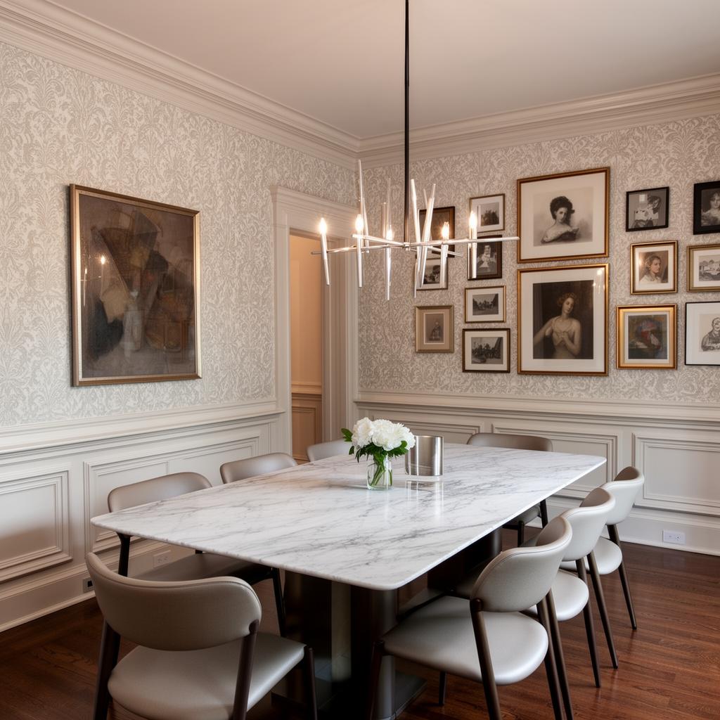 Formal dining room interior design in historic Dilworth Charlotte bungalow with custom wainscoting marble table modern chandelier and gallery wall by Emerald and Oak Design