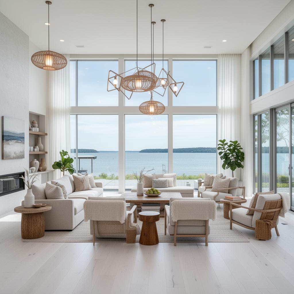 Coastal contemporary living room interior design at Lake Norman Charlotte NC with panoramic lake views white oak floors linen furniture and natural accents by Emerald and Oak Design