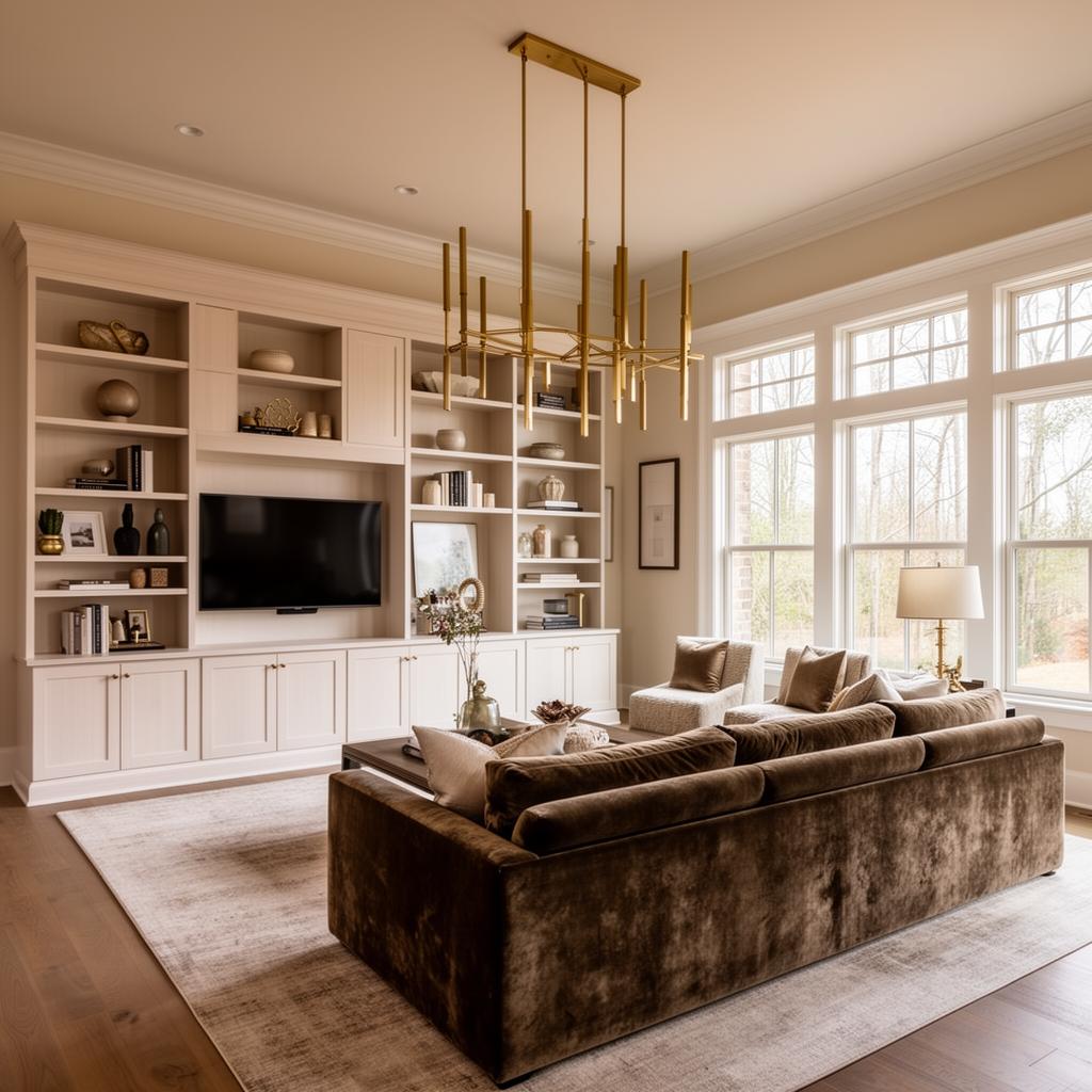 Luxury transitional living room interior design by Emerald and Oak Design in Myers Park Charlotte NC featuring custom built-in bookshelves velvet sofa and brass pendant lighting