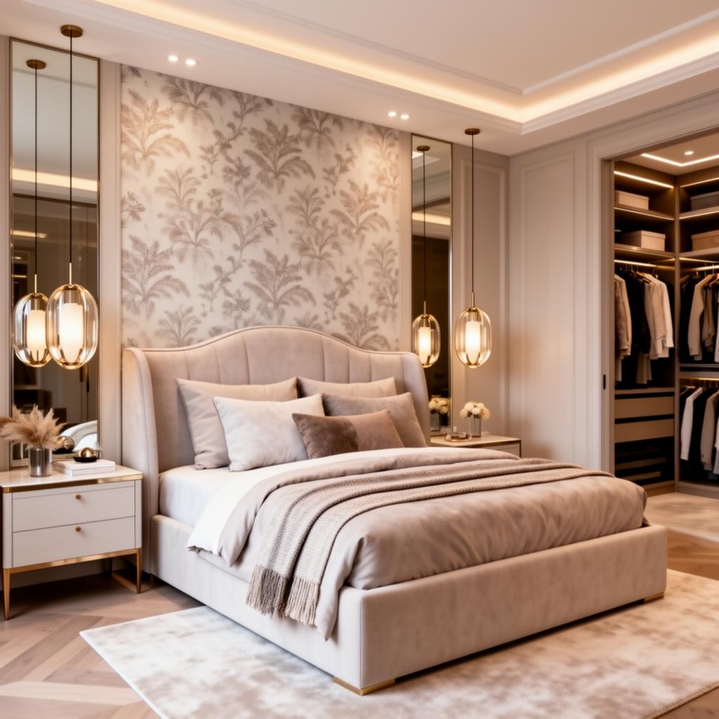 Designer primary bedroom suite interior design in SouthPark Charlotte NC with upholstered headboard designer wallpaper and custom closet system by Emerald and Oak Design