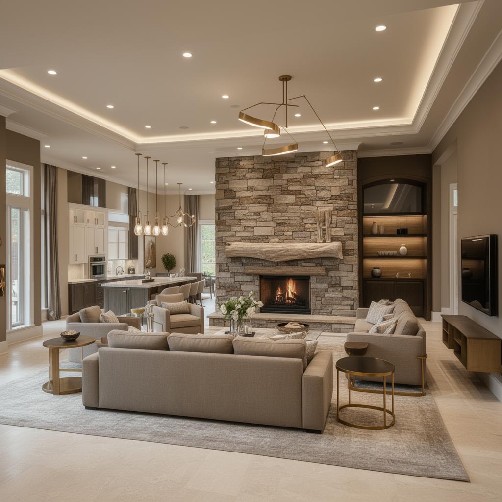 Whole-home interior design great room at Sage at Marvin Charlotte NC with stone fireplace custom furniture plan and designer finishes by Emerald and Oak Design and the builder